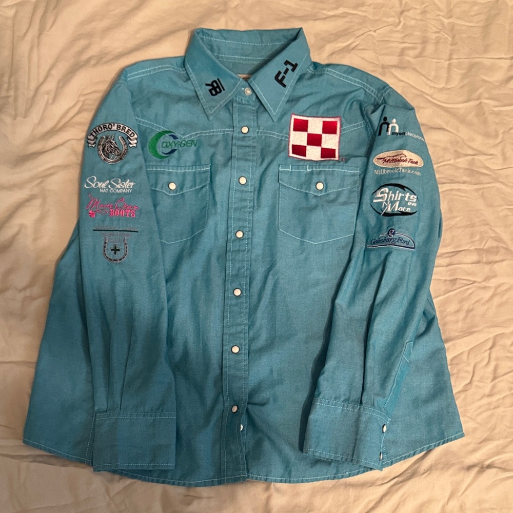 Blue Button-Up Shirt with Patches
